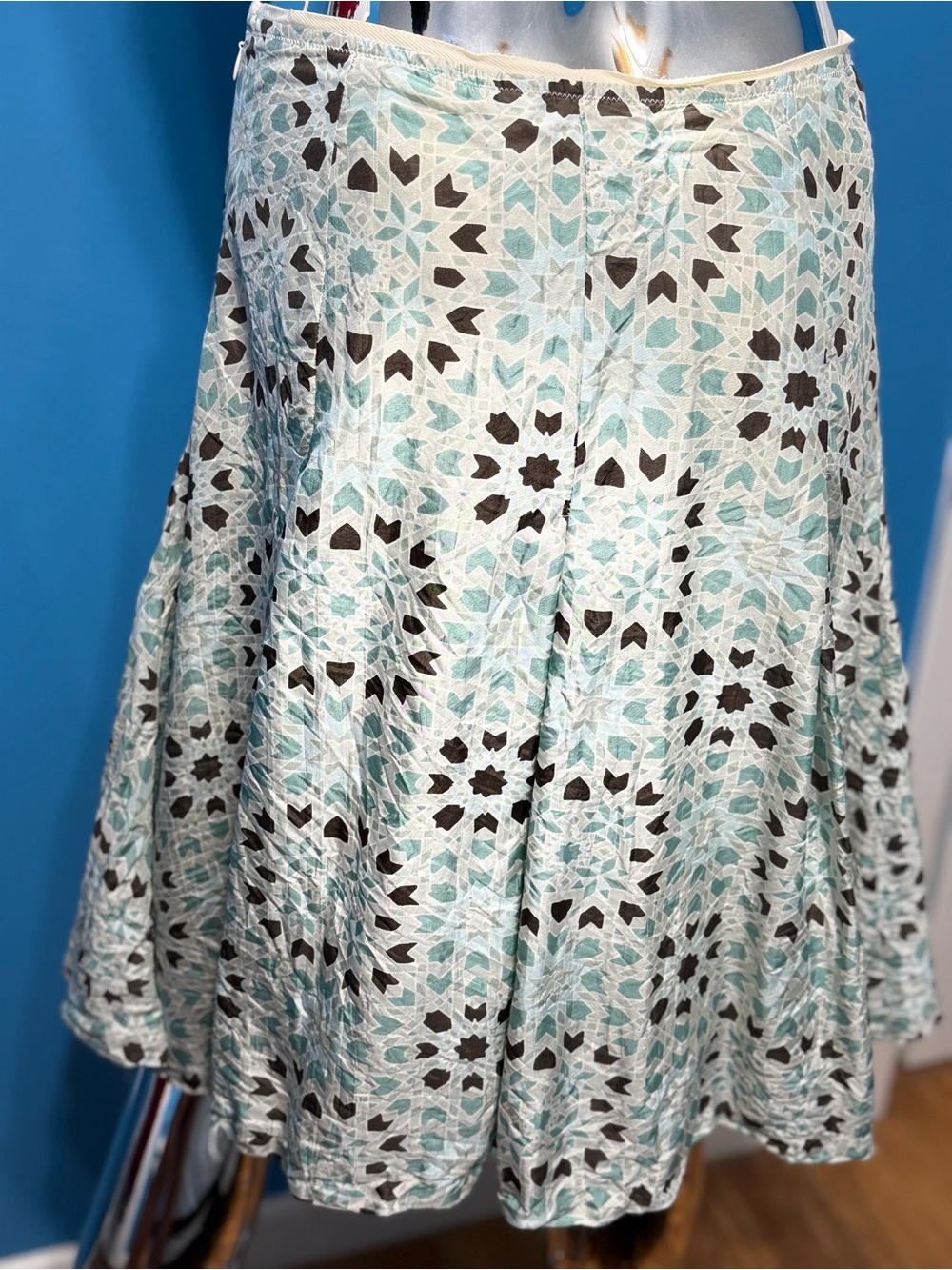 Vintage Inspired Banana Republic Aqua and Brown Geometric Print Silk Skirt 4